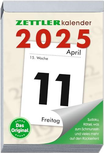 Zettler - Tagesabreißkalender 2025 XXL, 9,9x14,3cm, Abreißkalender mit Sudokus, Rezepten und Rätseln, Sonnen- und Mondzeiten, Namenstage, mit Aufhängung und deutsches Kalendarium