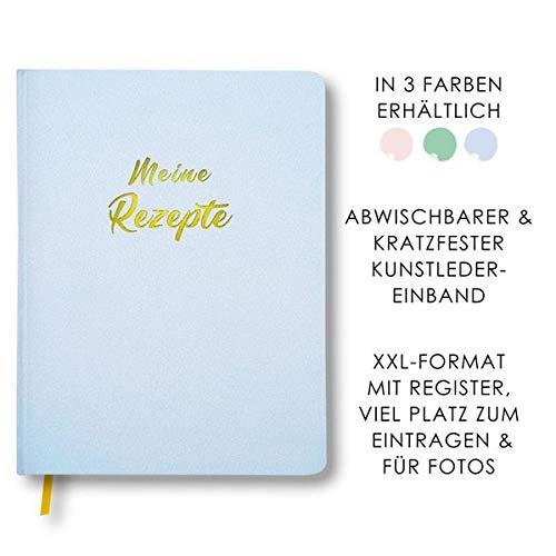 Meine Rezepte himmelblau: Großes Rezeptbuch zum Selberschreiben in blau im Leder-Look mit Register und Platz für Fotos, liniert