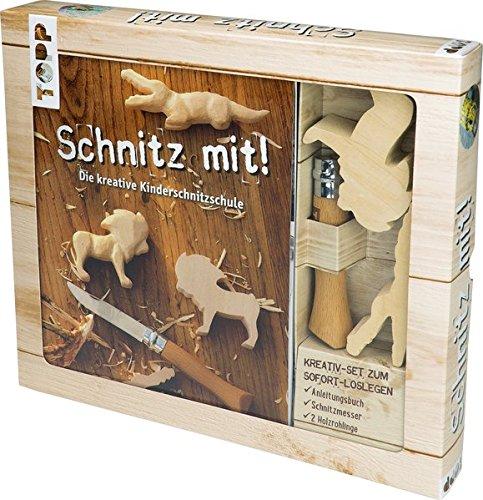 Kreativset Schnitz mit!: Buch mit Grundleitungen und Schnitzideen, Kinder-Schnitzmesser und 2 Holzrohlingen (Buch plus Material)