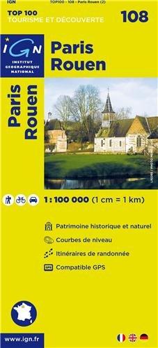 IGN 1 : 100 000 Paris - Rouen: Top 100 Tourisme et Découverte. Patrimoine historique et naturel / Courbes de niveau / Routes et chemins / Itinéraires de randonnée / Compatible GPS (Ign Map)