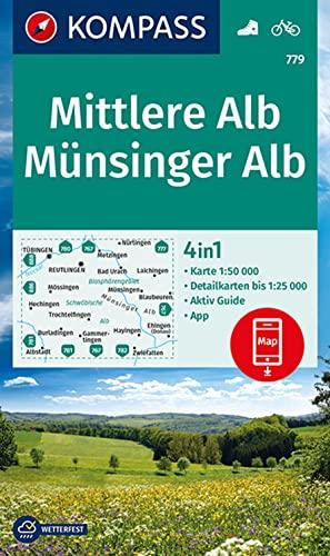 KOMPASS Wanderkarte 779 Mittlere Alb, Münsinger Alb 1:50.000: 4in1 Wanderkarte mit Aktiv Guide und Detailkarten inklusive Karte zur offline Verwendung in der KOMPASS-App. Fahrradfahren.