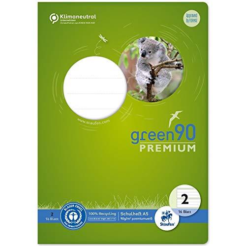 Staufen Green Schreiblernheft - DIN A5, Lineatur 2 (4/4/4mm liniert, farbig hinterlegte Lineatur), 16 Blatt, premiumweißes 90g/m² Recyclingpapier, runde Ecken verhindern „Eselsohren“, 1 Stück