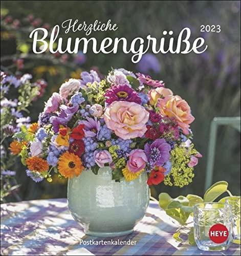 Herzliche Blumengrüße Postkartenkalender 2023 - Kalender mit perforierten Postkarten - zum Aufstellen und Aufhängen - mit Monatskalendarium - 16 x 17 cm