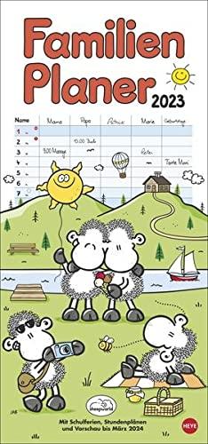 sheepworld Familienplaner 2023 - Wandkalender mit Monatskalendarium, 5 Spalten, Schulferien, 2 Stundenpläne, 3-Monats-Ausblick Januar bis März 2024 - 21 x 45 cm