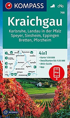 KOMPASS Wanderkarte Kraichgau, Karlsruhe, Landau i. d. Pfalz, Speyer, Sinsheim, Eppingen, Bretten, Pforzheim, 768: 4in1 Wanderkarte 1:50000 mit Aktiv ... (KOMPASS-Wanderkarten, Band 768)