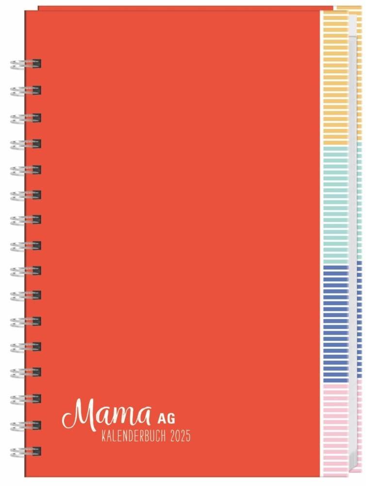 Mama AG Familienplaner Buch A5 2025: Roter Terminkalender mit 5 Spalten, Registerblätter und Schulferien. Buchkalender für die Familie. Familienkalender 2025. (Bürokalender Heye)