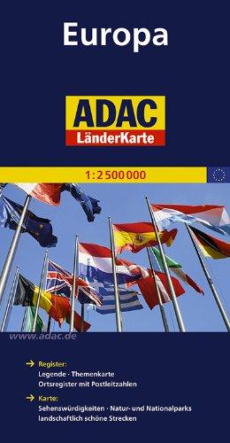 ADAC Länderkarte Europa 1:2.500.000: Register: Legende, Themenkarte, Ortsregister mit Postleitzahlen / Karte: Sehenswürdigkeiten,Natur- und Nationalparks, landschaftlich schöne Strecken