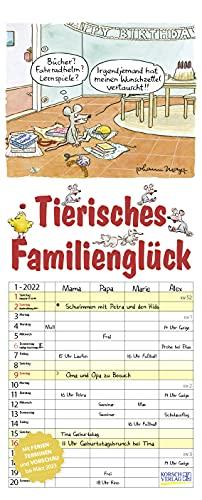 Tierisches Familienglück 2022: Familienplaner - 4 große Spalten mit viel Platz. Familienkalender mit Tier-Comics, Ferienterminen und Vorschau bis März 2023. 19 x 47 cm.