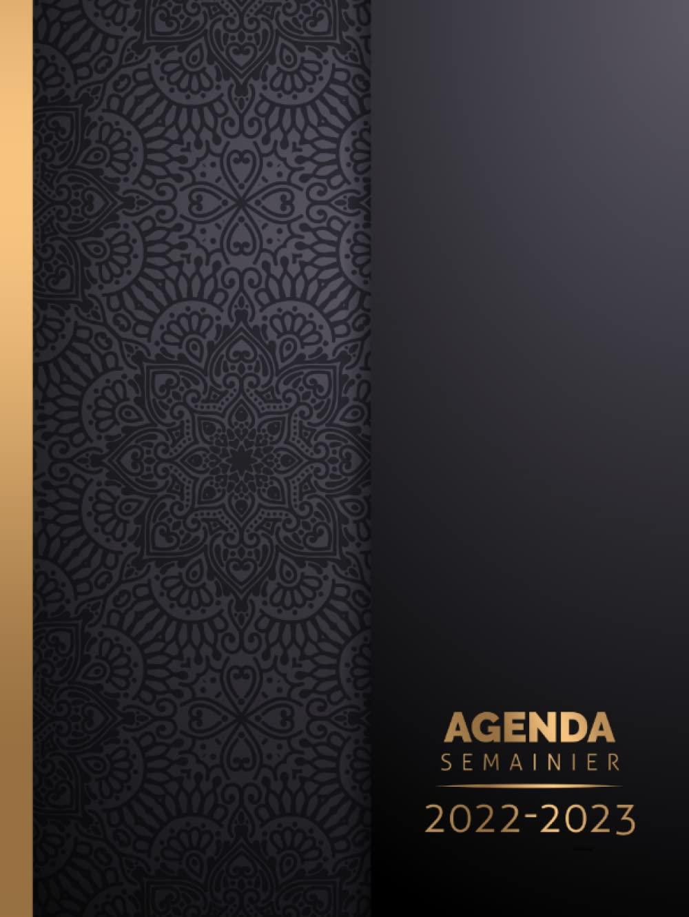 Agenda semainier 2022 2023: A4 Grand format - Couverture rigide | Planificateur hebdomadaire 1 semaine sur 2 pages avec heure (juin 2022 à décembre 2023) | Français | Motif Mandala Noire Doré