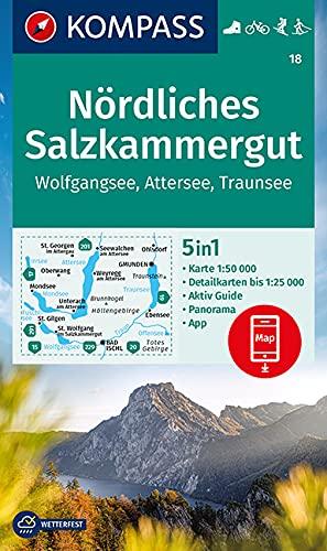 KOMPASS Wanderkarte Nördliches Salzkammergut, Wolfgangsee, Attersee, Traunsee: 5in1 Wanderkarte 1:50000 mit Panorama, Aktiv Guide und Detailkarten ... Fahrradfahren. Skitouren. Langlaufen.