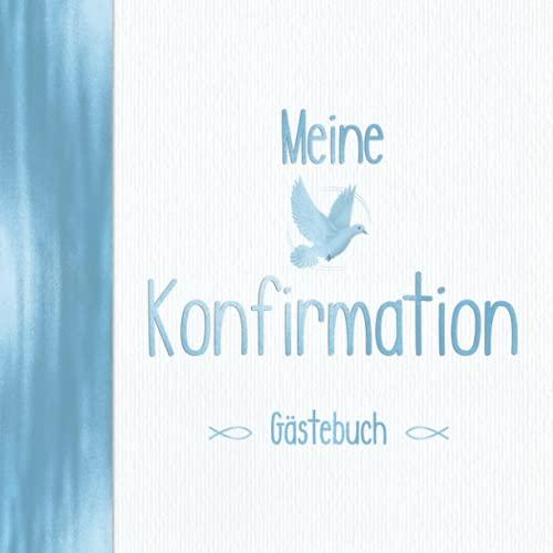 Meine Konfirmation Gästebuch: Vintage Elfenbein & Blau für Jungen mit Fisch, Taube & Kreuz I Geschenkidee & Deko zur Feier für Jungs I Sprüche, Wünsche, Geschenkeliste I Evangelische Konfi