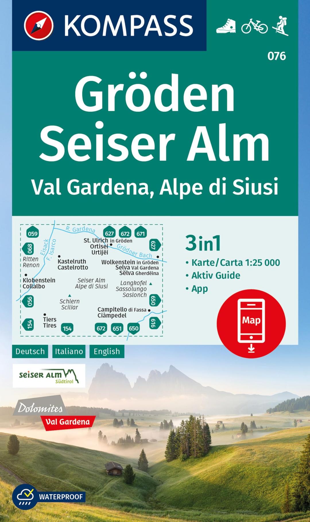 KOMPASS Wanderkarte 076 Gröden, Seiser Alm / Val Gardena, Alpe di Siusi 1:25.000: 4in1 Wanderkarte mit Aktiv Guide und Detailkarten inklusive Karte ... Fahrradfahren. Skitouren. Langlaufen.