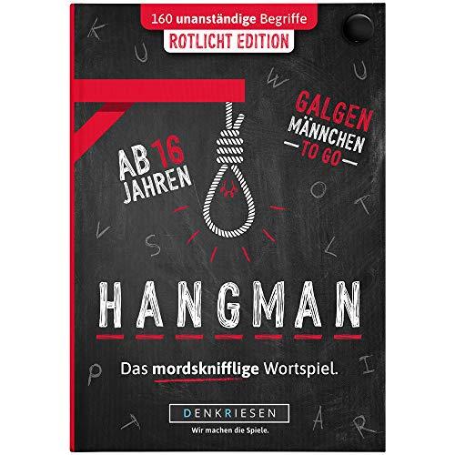 DENKRIESEN - Hangman - ROTLICHT Edition - Galgenmännchen to GO | Spielblock | Partyspiel | Reisespiel | Wichtelgeschenk | Geburtstagsgeschenk | Rätselblock - Spiel ab 2 Personen