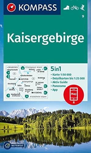 KOMPASS Wanderkarte 9 Kaisergebirge 1:50.000: 5in1 Wanderkarte mit Panorama, Aktiv Guide und Detailkarten inklusive Karte zur offline Verwendung in der KOMPASS-App. Fahrradfahren. Skitouren.