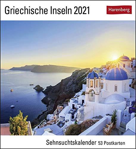 Griechische Inseln Sehnsuchtskalender 2021 - Postkartenkalender mit Wochenkalendarium - 53 perforierte Postkarten zum Heraustrennen - zum Aufstellen oder Aufhängen - Format 16 x 17,5 cm