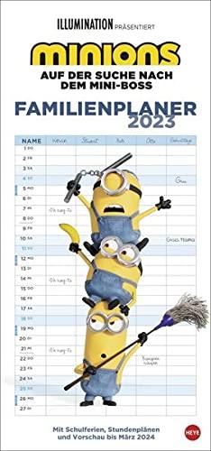 Minions Familienplaner 2023 - Wandkalender mit Monatskalendarium, 5 Spalten, Schulferien, 2 Stundenpläne, 3-Monats-Ausblick Januar bis März 2024 - 21 x 45 cm