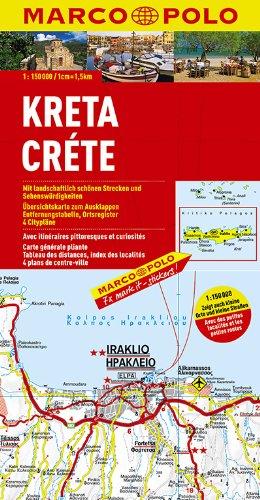 MARCO POLO Karte Kreta 1:150.000: Mit landschaftlich schönen Strecken und Sehenswürdigkeiten. Übersichtskarte zum Ausklappen, Entfernungstabelle, Ortsregister, 4 Citypläne