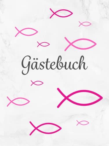 Gästebuch: Taufe | Konfirmation | Erstkommunion | Firmung・Hardcover mit rosa Fisch Deko perfekt für Mädchen・Für geschriebene Glückwünsche von Freunden ... Fingerabdruck Baum・Dezent dekorierte Seiten