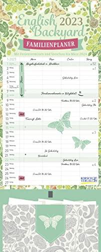 Familienplaner English Backyard Zetteltasche 2023: Familienkalender, 4 große Spalten. Familientimer mit Ferienterminen, extra Spalte, Vorschau bsi ... und Zetteltasche. Format: 19 x 47 cm