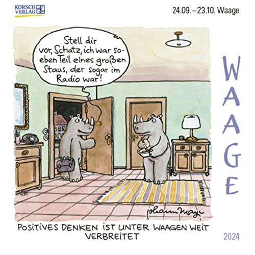 Waage Mini 2024: Sternzeichenkalender-Cartoon - Minikalender im praktischen quadratischen Format 10 x 10 cm.