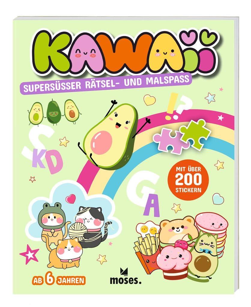 moses. Kawaii – Supersüßer Rätsel- und Malspaß, Activity-Buch mit Rätseln, Ausmalbildern und Stickern, Kawaii-Rätselbuch für Kinder ab 6 Jahren