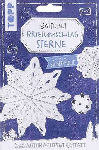 Briefumschlag-Sterne Bastelset mit Silberfolie: Anleitung und Material für 2 Sterne aus Briefumschlägen mit Silberfolie zum Selberbasteln. Mit Aufhängung und Satinband.