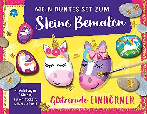 Mein buntes Set zum Steine Bemalen. Glitzernde Einhörner: Set mit 6 Steinen, 6 Farben, Pinsel, Glitzer, Aufkleber sowie einem Heft mit Anleitungen und Rätseln