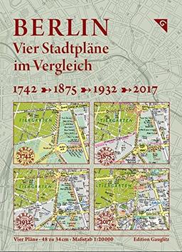 Berlin, Vier Stadtpläne im Vergleich, 1742, 1875, 1932, 2017: Kartonmappe 23 x 17 cm mit 4 Karte je 49 x 33 cm, gefalzt, eingeklebt, aufklappbar