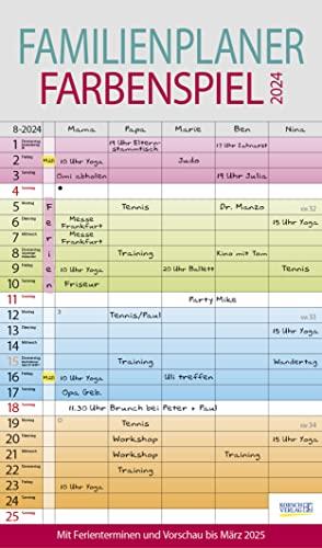 Familienplaner Farbenspiel 2024: Familienkalender, 5 breite Spalten, guter Überblick durch farbliche Wochen. Mit Ferienterminen, Vorschau bis März 2025 und nützlichen Zusatzinformationen.