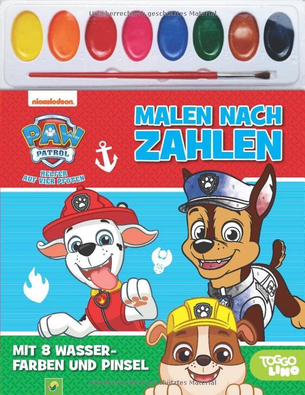 Paw Patrol Malen nach Zahlen - Mit 8 Wasserfarben und Pinsel: Malspaß und Zahlentraining für Kinder ab 4 Jahren für Kita und Vorschule: Malbuch, 8 Wasserfarben und Pinsel in einem Set