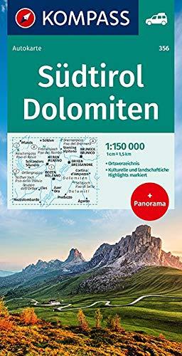 Südtirol, Dolomiten: Panorama + Autokarte und Ortsverzeichnis. 1:150000 (KOMPASS-Panoramakarten, Band 356)