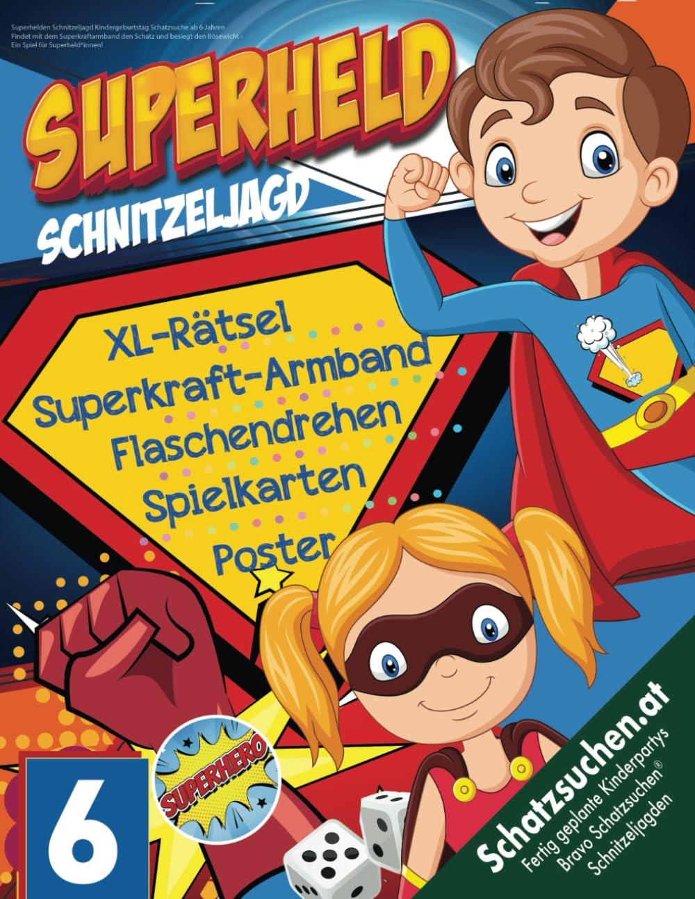 Superhelden Schnitzeljagd Kindergeburtstag Schatzsuche ab 6 Jahren: Findet mit dem Superkraftarmband den Schatz und besiegt den Bösewicht - Ein Spiel für Superheld*innen!