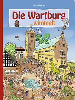 Die Wartburg wimmelt, liebevolle Illustrationen zeigen das bunte Treiben im Mittelalter und sorgen für Wimmelspaß bei Groß und Klein