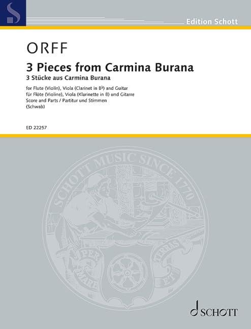 3 Stücke aus Carmina Burana: Uf dem anger - In trutina - Were diu werlt alle min. Flöte (Violine), Viola (Klarinette) und Gitarre. Partitur und Stimmen. (Edition Schott)