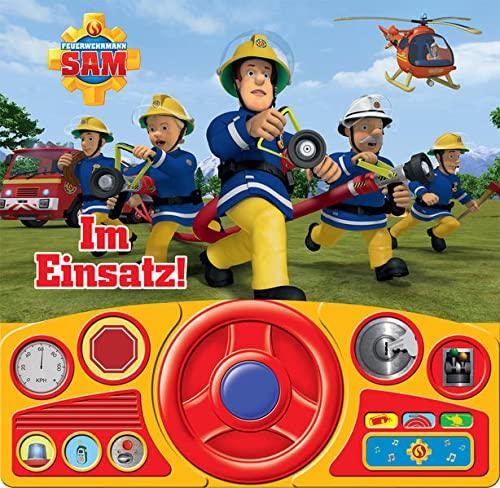 Feuerwehrmann Sam - Im Einsatz! - Soundbuch - Pappbilderbuch mit beweglichem Lenkrad und 13 spannenden Geräuschen für Kinder ab 3 Jahren: Tönendes Buch