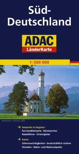 ADAC Länderkarte Süd-Deutschland 1:500.000: Register: Legende, Zufahrtskarten, Citypläne, Autokennzeichen, Ortsregister mit Postleitzahlen. Karte: ... Nationalparks, landschaftlich schöne Strecken