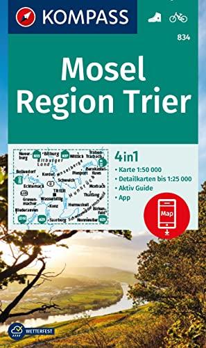 KOMPASS Wanderkarte 834 Mosel, Region Trier 1:50.000: 4in1 Wanderkarte mit Aktiv Guide und Detailkarten inklusive Karte zur offline Verwendung in der KOMPASS-App. Fahrradfahren.