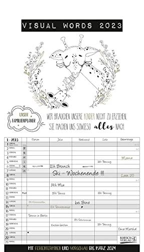 Visual Words Familienplaner 2023: Familienplaner mit 5 breiten Spalten. Typo-Art Familienkalender mit Ferienterminen, Zusatzspalte, Vorschau bis März 2024 und vielem mehr.