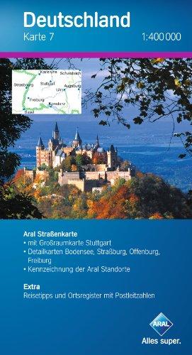 Aral Deutschland Karte 7 / 1:400 000 / Süd-West, Baden-Württemberg / Großraumk. Stuttgart / Detailk. Bodensee, Straßburg, Offenburg, Freiburg. Extra: Reisetipps und Ortsregister mit PLZ