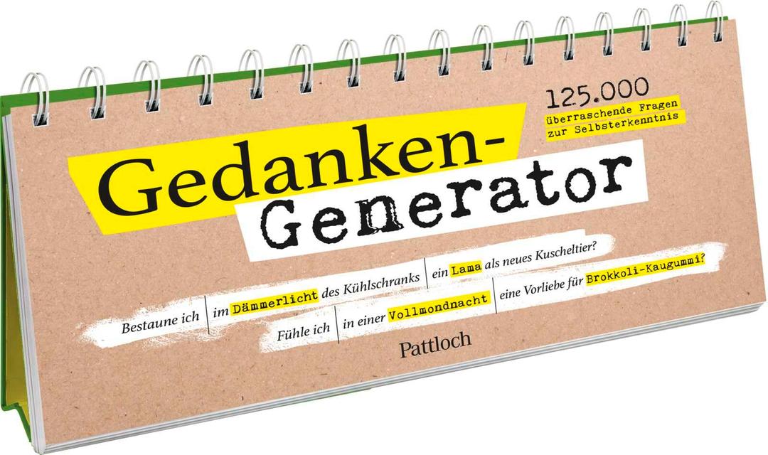 Gedanken-Generator: 125.000 überraschende Fragen zur Selbsterkenntnis | Spiralaufsteller quer mit dreigeteilten Seiten. Zufallsgenerator mit lustig-absurden Fragen zur Selbstreflexion.