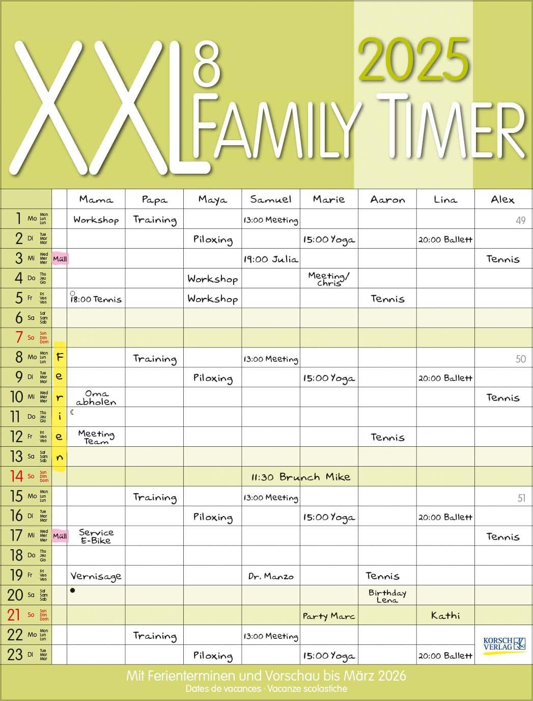 XXL Family Timer 8 2025: Familienplaner mit 8 breiten Spalten. Hochwertiger Familienkalender mit Ferienterminen, extra Spalte, Vorschau bis März 2026 und nützlichen Zusatzinformationen.