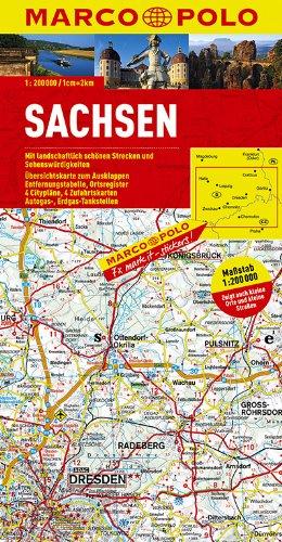 MARCO POLO Karte Sachsen 1:200.000: Mit landschaftlich schönen Strecken und Sehenswürdigkeiten. Übersichtskarte zum Ausklappen. Entfernungstabelle, Ortsregister, 4 Citypläne, 4 Zufahrtskarten