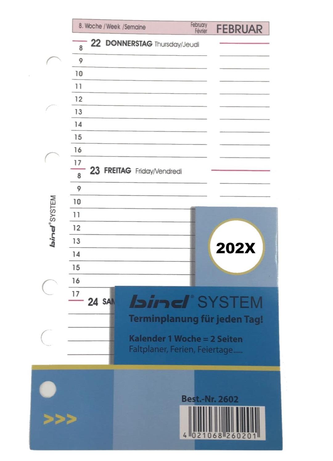 BIND B260224 Kalendereinlage für Managerkalender A6, Timer Einlage für Kalender Jahr 2024, 1 Woche / 2 Seiten, Terminkalender mit System, Kalendarium für bind Systemplaner und Standard Timeplaner