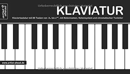 Klaviatur: Ausklappbare Klaviertastatur mit 88 Tasten von A'' bis c''''', mit Notennamen, Notensystem und chromatischer Tonleiter (360 g-Kartonpapier).