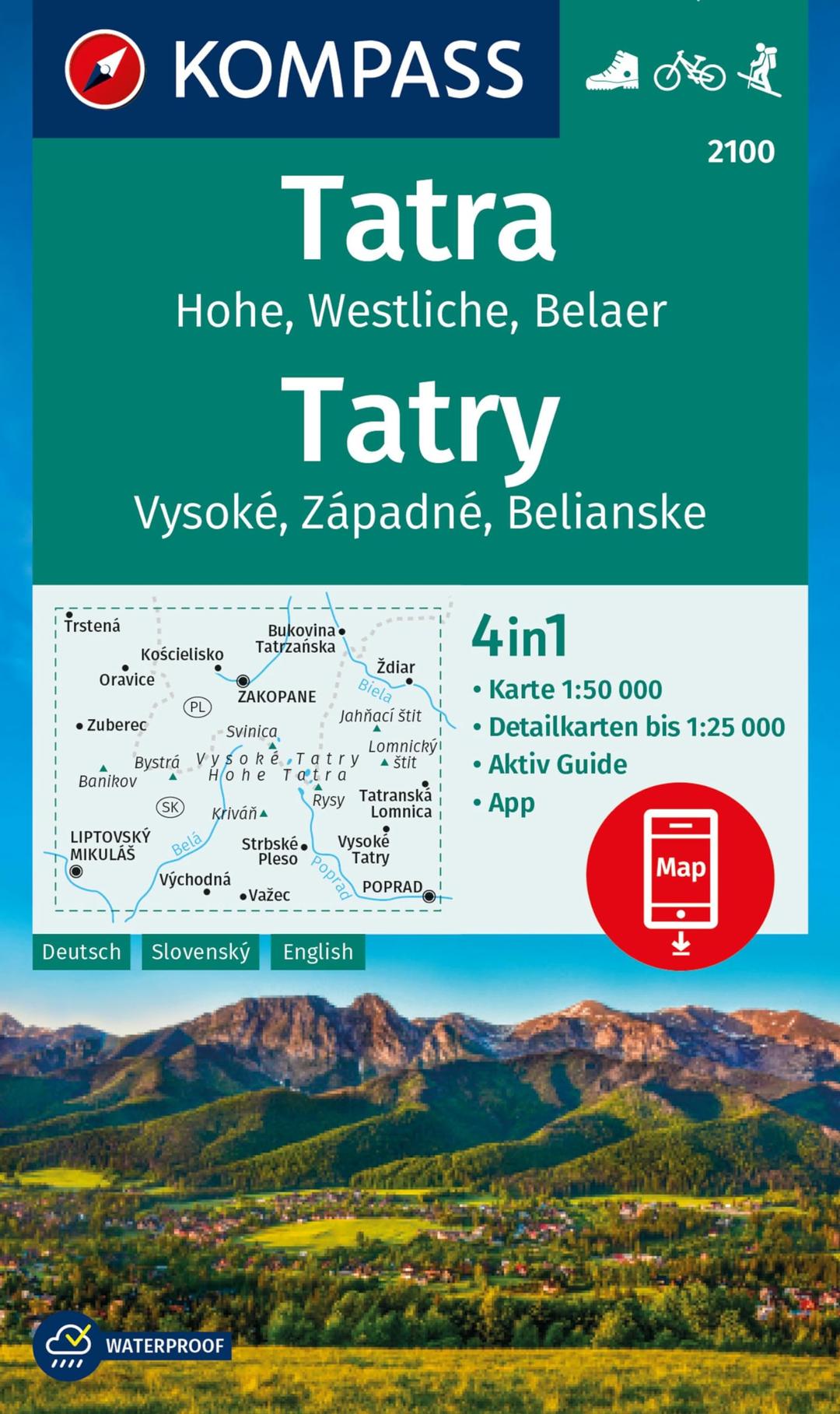 KOMPASS Wanderkarte 2100 Tatra, Hohe, Westliche, Belaer, Tatry, Vysoké, Západné, Belianske 1:50.000: 4in1 Wanderkarte mit Aktiv Guide und Detailkarten ... in der KOMPASS-App. Fahrradfahren. Skitouren.