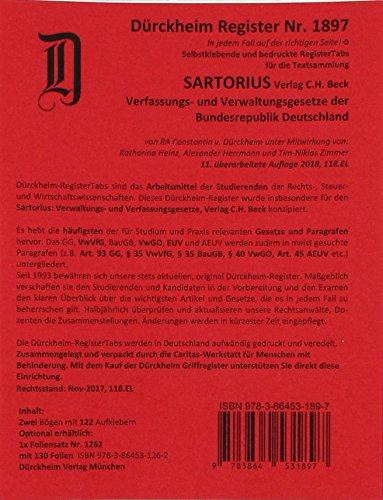 SARTORIUS 1 Griffregister Nr. 1897 (2018/118.EL): 128 Griffregister zur Befestigung an Buchseiten, Trennblättern der Sammlung SARTORIUS 1, Verfassungs- und Verwaltungsgesetze, C.H. Beck Verlag