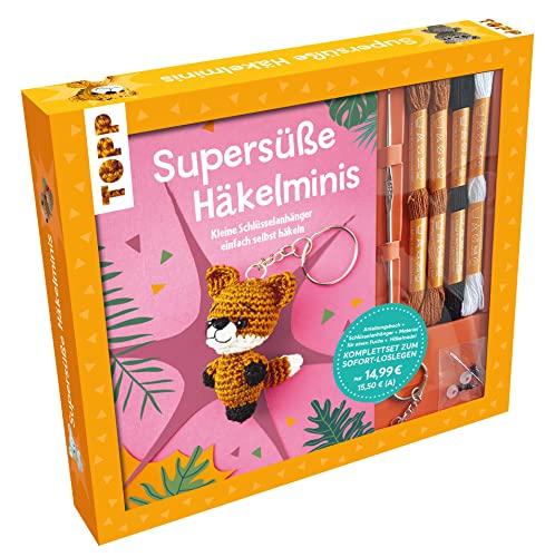 Kreativ-Set: Supersüße Häkelminis. Anleitungsbuch mit Material zum Sofort-Loslegen: Box (24 x 21,5 x 3,5 cm), Anleitungsbuch (32 Seiten, DIN A5, Softcover), Garn (100 % Baumwolle) in 3 Farben, Häkelnadel 1,25 mm, Füllwatte (100 % Polyester), 1 Paar Sicher