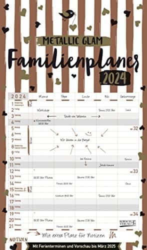 Familienplaner Metallic Glam 2024: Familienkalender, 5 breite Spalten, echter Metallic Glanz. Mit Ferienterminen, Vorschau bis März 2025 und vielem mehr.