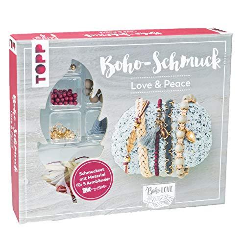 Boho-Schmuckset Love & Peace (Dunkelrot/ Grau): Anleitung und Material für 5 Armbänder im Boho Look zum Selbermachen. Bänder, Biegeringe, Perlen und Anhänger. Nickelfrei