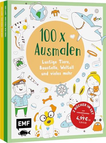 100 x Ausmalen – 2 Ausmal-Bücher im Bundle: Lustige Tiere, Baustelle, Weltall und vieles mehr